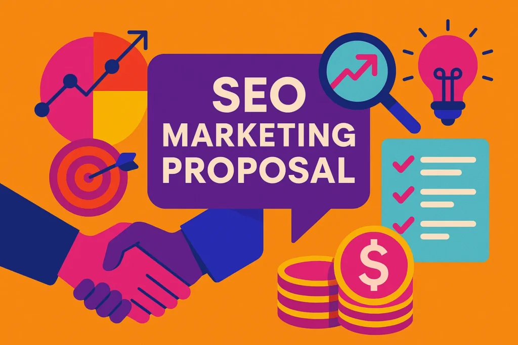Flat-style illustration of a handshake and SEO symbols emphasizing agreement and value in an SEO marketing proposal.
