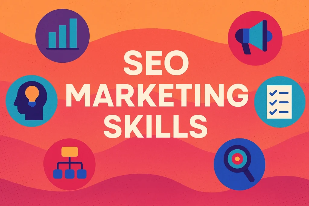 Colorful illustration highlighting essential SEO marketing skills with icons for content, strategy, and analytics