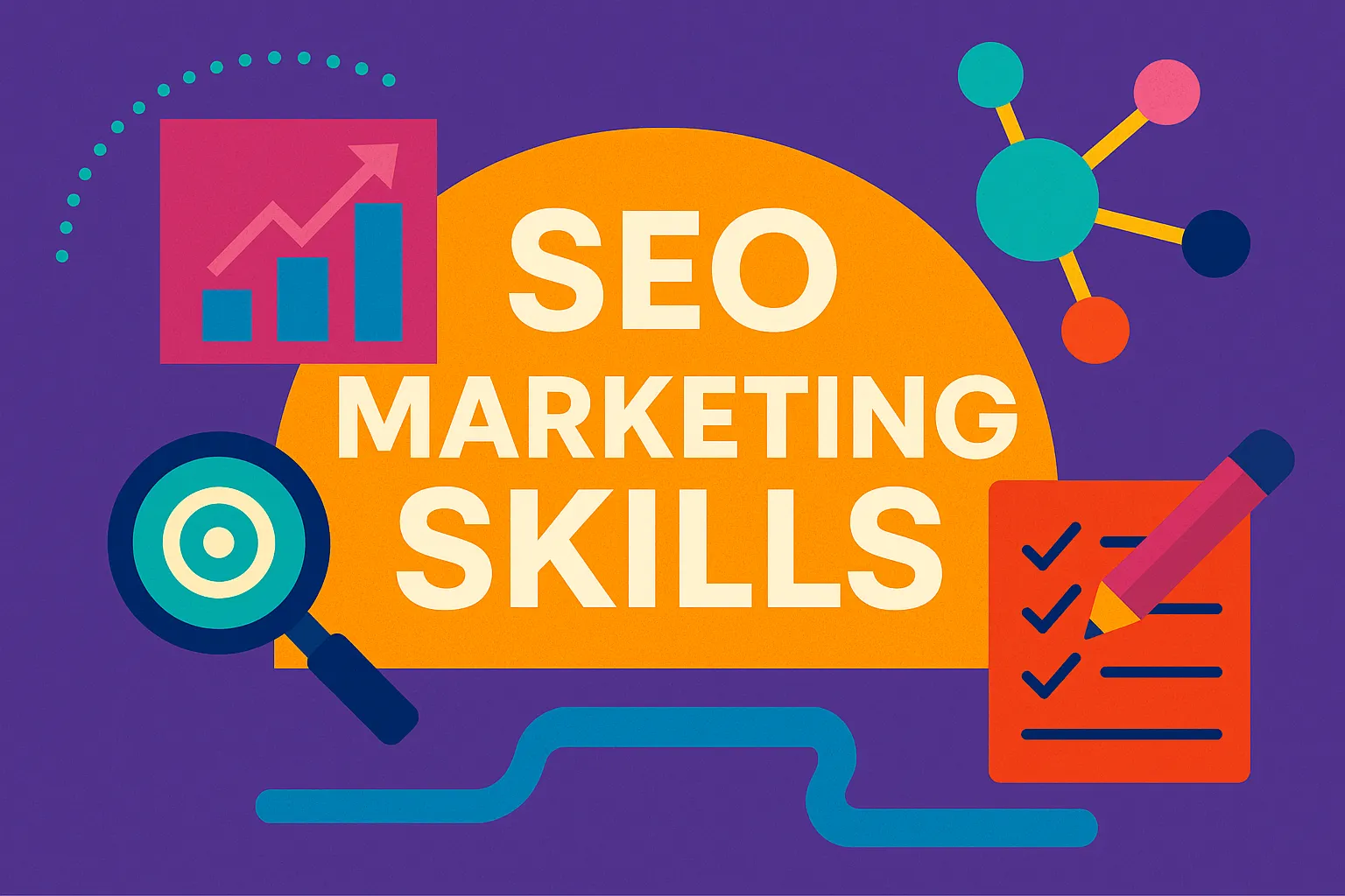 Modern flat-style design showing SEO marketing skills through graphs, checklists, and keyword tools