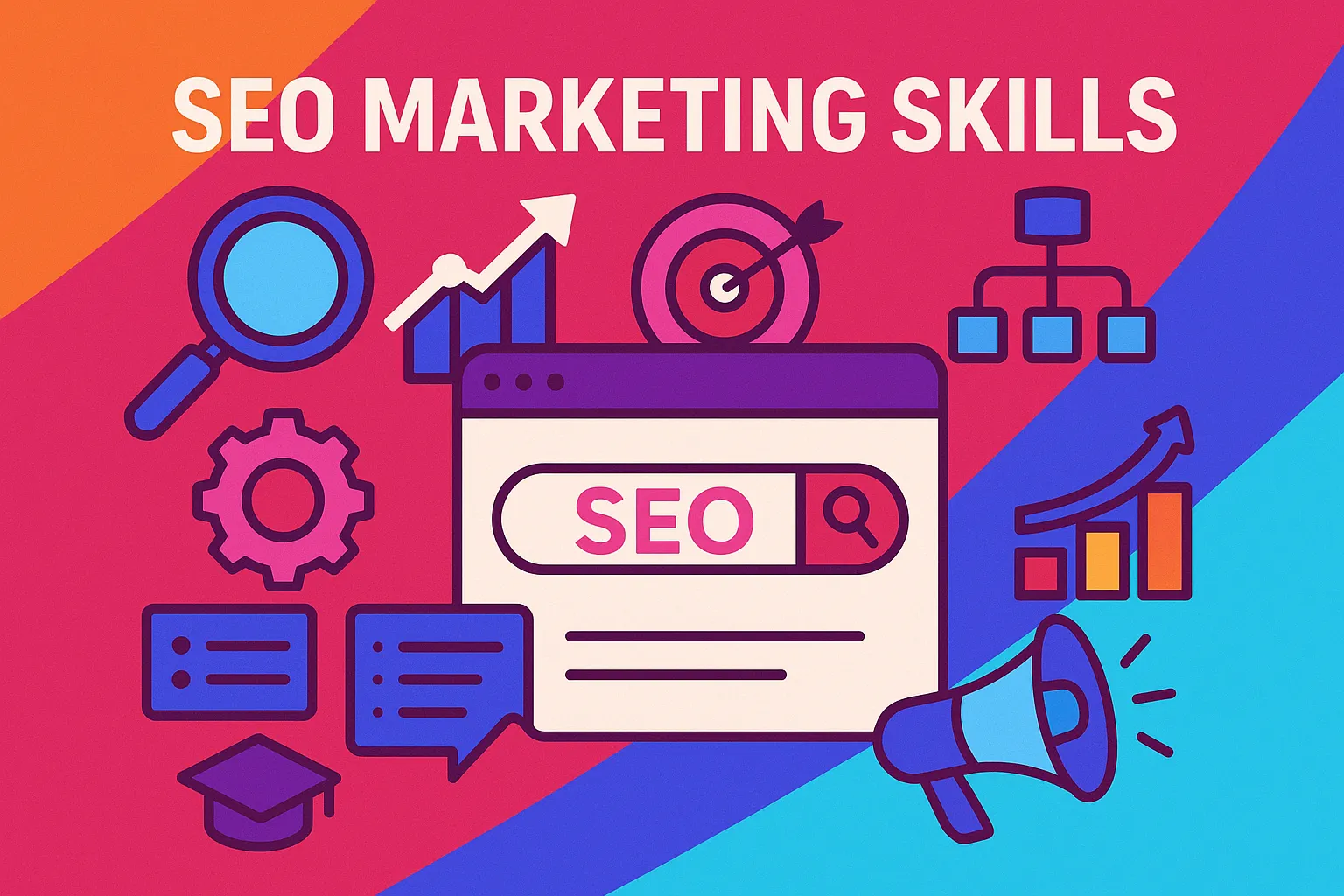 Colorful SEO dashboard with graphs and icons illustrating seo marketing work