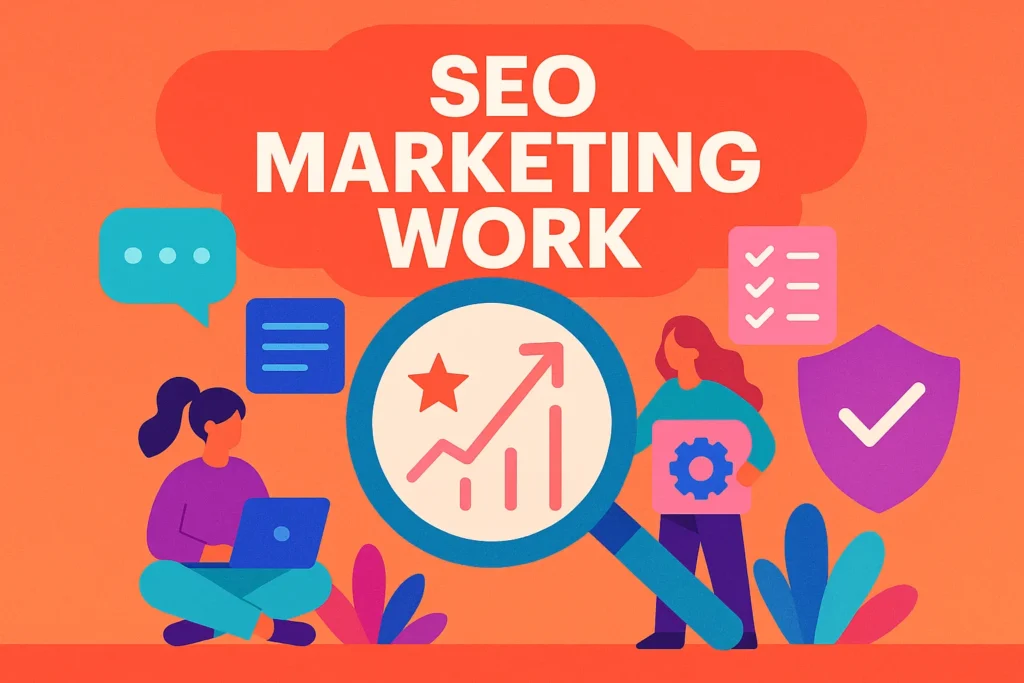 Digital illustration of professionals analyzing charts and planning SEO marketing work