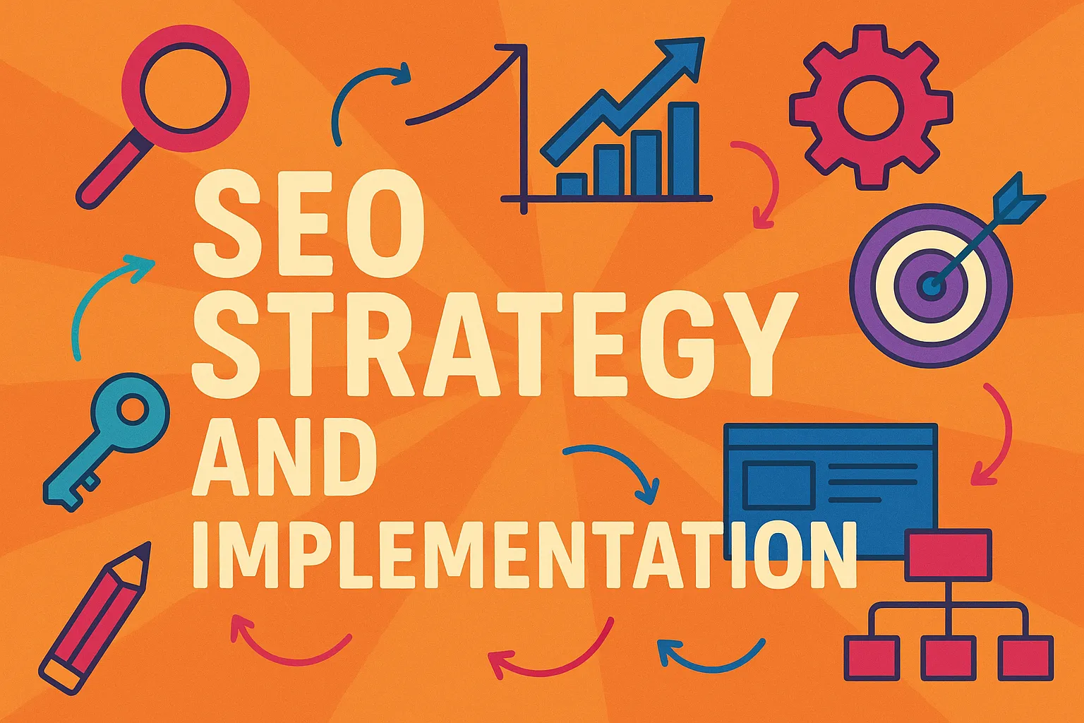 Illustration showcasing SEO strategy and implementation with icons for keyword research, analytics, and content structure