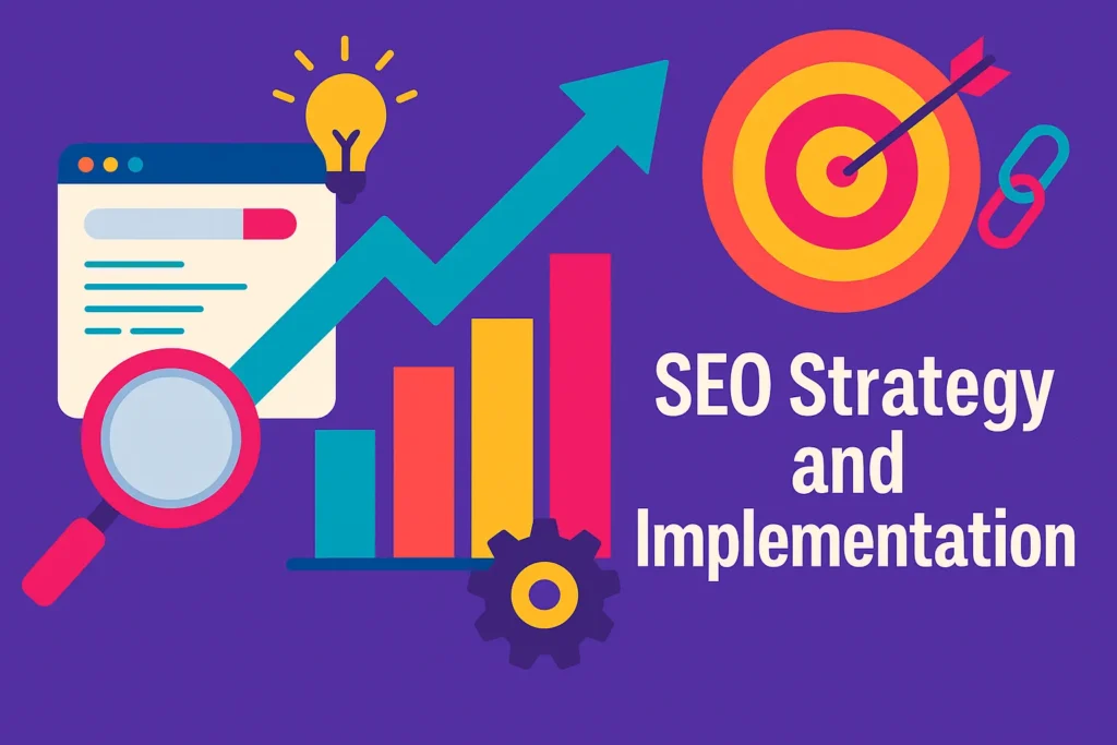 Creative vector design highlighting SEO strategy and implementation with target, graph, and website optimization elements