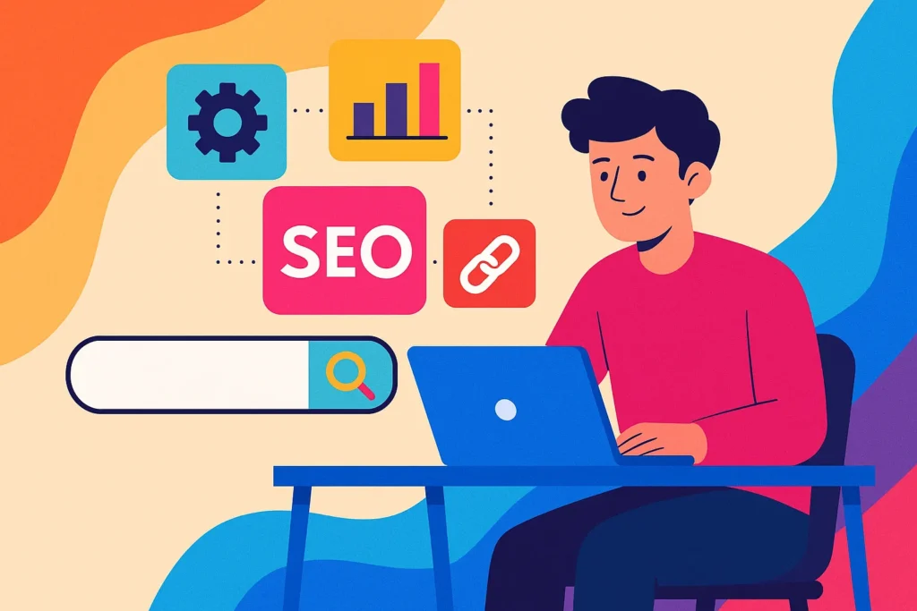 Digital illustration of a person working on SEO tasks with graphics representing link building, analytics, and the seo strategy full form.