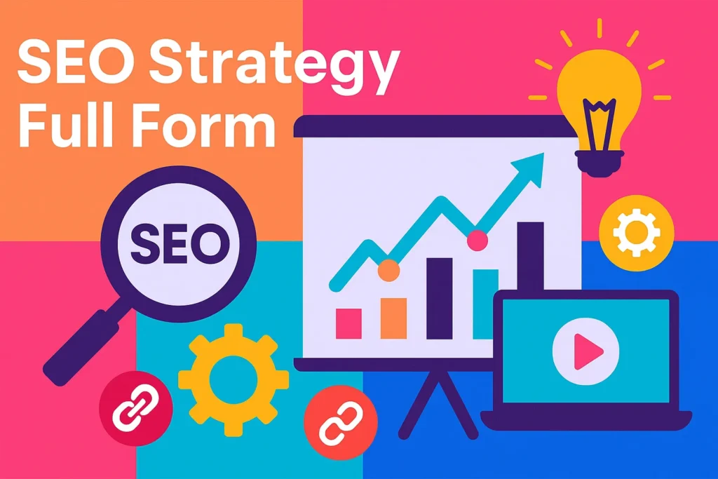Creative infographic showing SEO growth and performance icons with the text “SEO Strategy Full Form."
