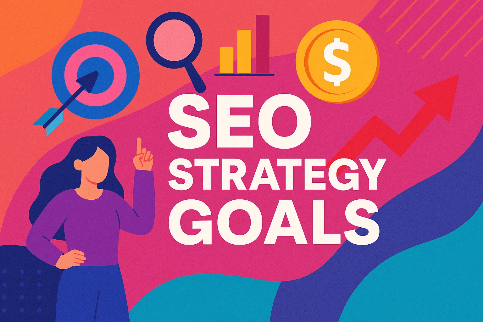 Flat-style illustration showing a businesswoman pointing to icons representing SEO strategy goals like growth, search, and ROI.