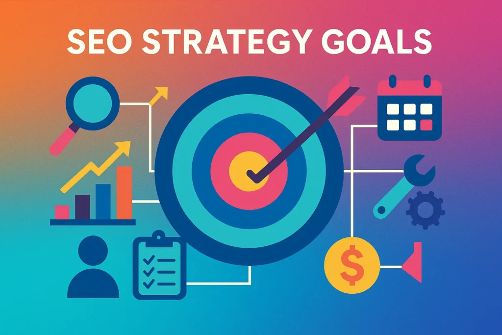 Colorful infographic with a central target and icons for calendar, analytics, tools, and user engagement related to SEO strategy goals.