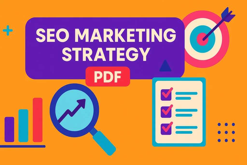 Flat design illustration showing SEO marketing strategy PDF concept with checklist, target, and graph icons