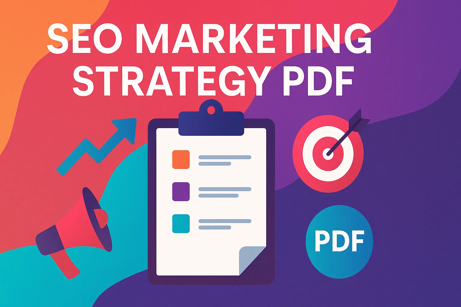 Colorful header illustration showing SEO marketing strategy PDF elements with clipboard and growth icons