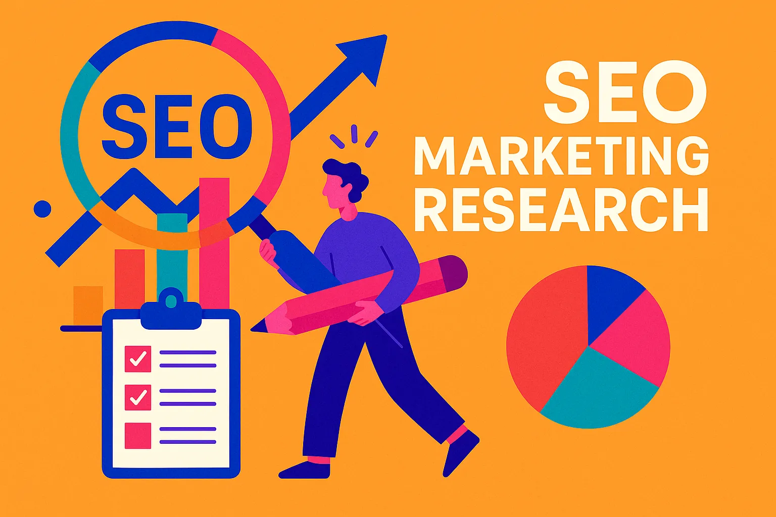 Flat-style illustration of SEO marketing research with charts and magnifying glass elements