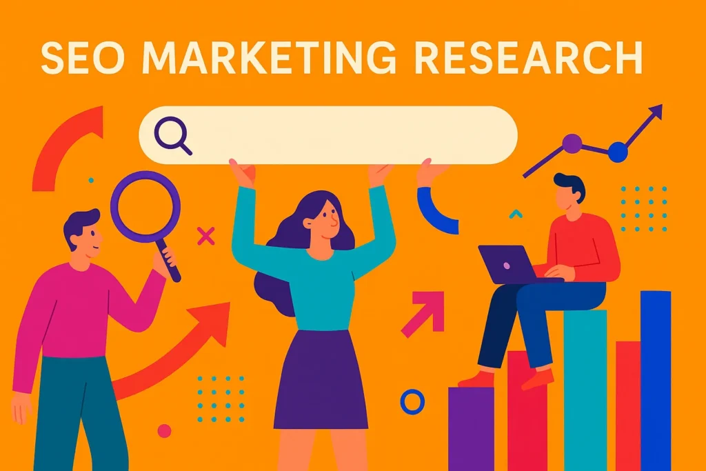SEO marketing research concept showing digital marketers with search bar and data visualization