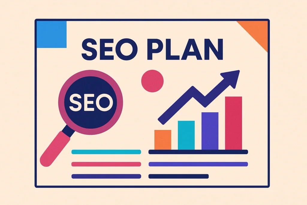 Minimal flat design illustration of a presentation slide with charts and SEO magnifying glass titled “SEO PLAN”.
