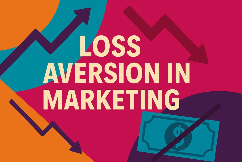Colorful digital artwork showing upward and downward arrows to symbolize loss aversion in marketing strategies.