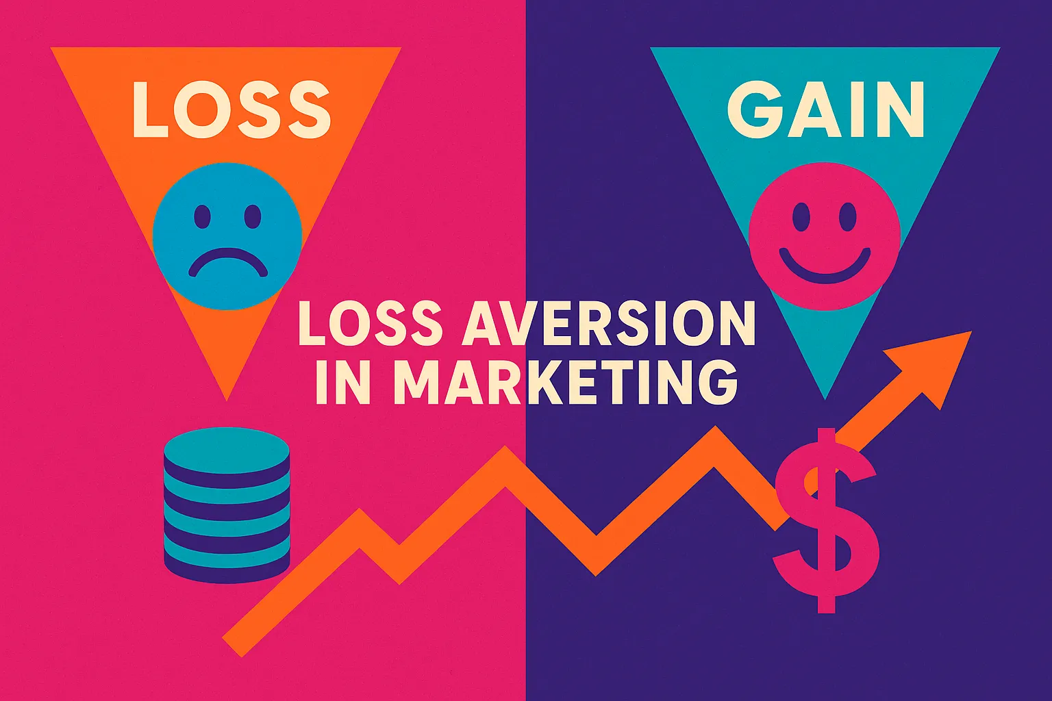 Visual comparison of loss vs. gain psychology featuring sad and happy icons to illustrate loss aversion in marketing.