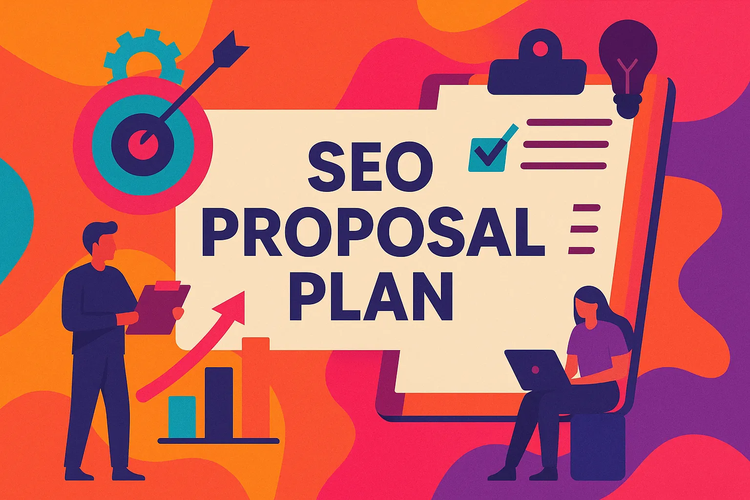 Flat-style infographic illustrating a complete SEO proposal plan with graphs, timelines, and visual targets.