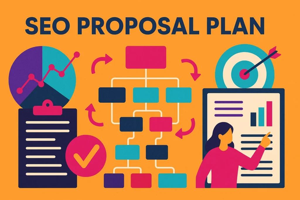 SEO proposal plan concept visualized through flowcharts, graphs, and strategic icons in a vibrant design.