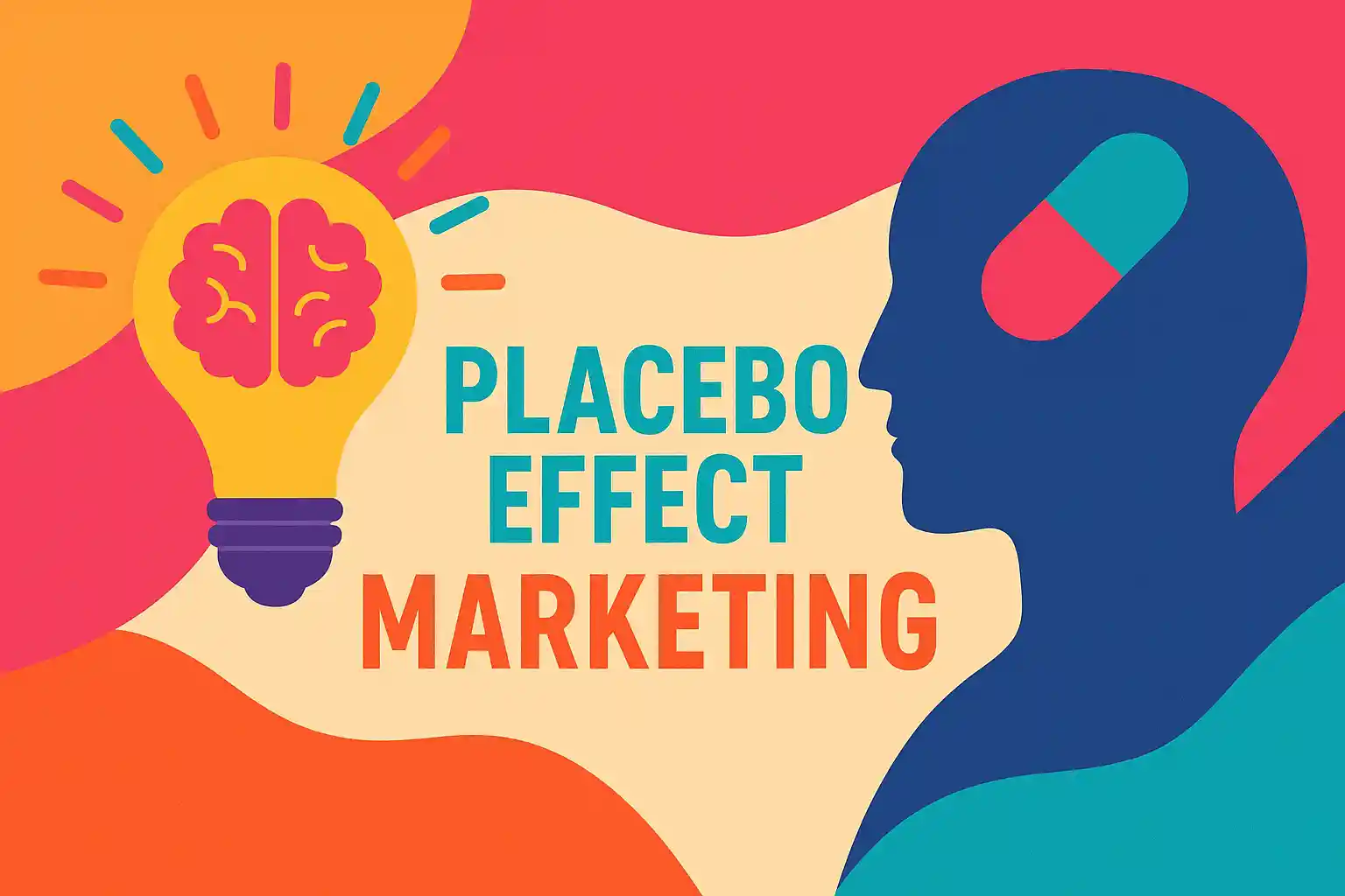 Creative concept art showing placebo effect marketing with a brain inside a lightbulb and pill symbolism.