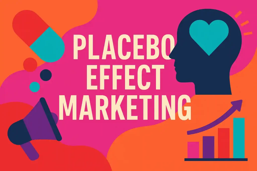 Colorful visual of placebo effect marketing with a megaphone, growth chart, and symbolic head silhouette.