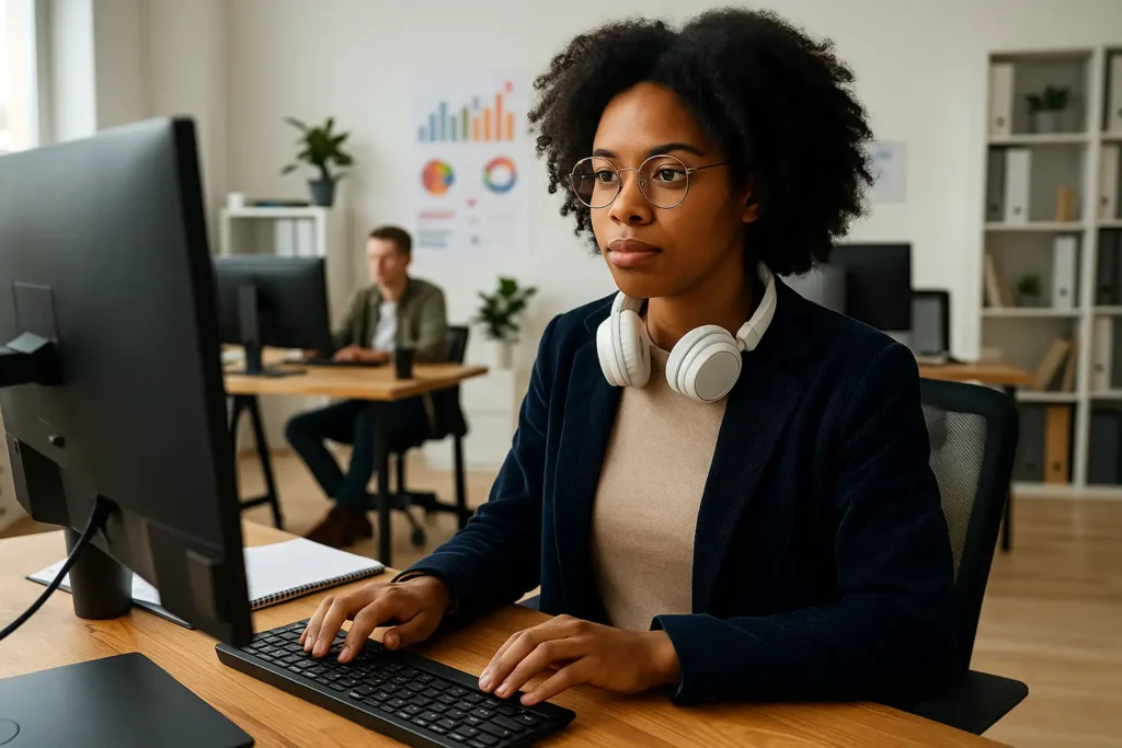 A focused digital marketing professional working on SEO audit content at a modern office desk with headphones and computer.