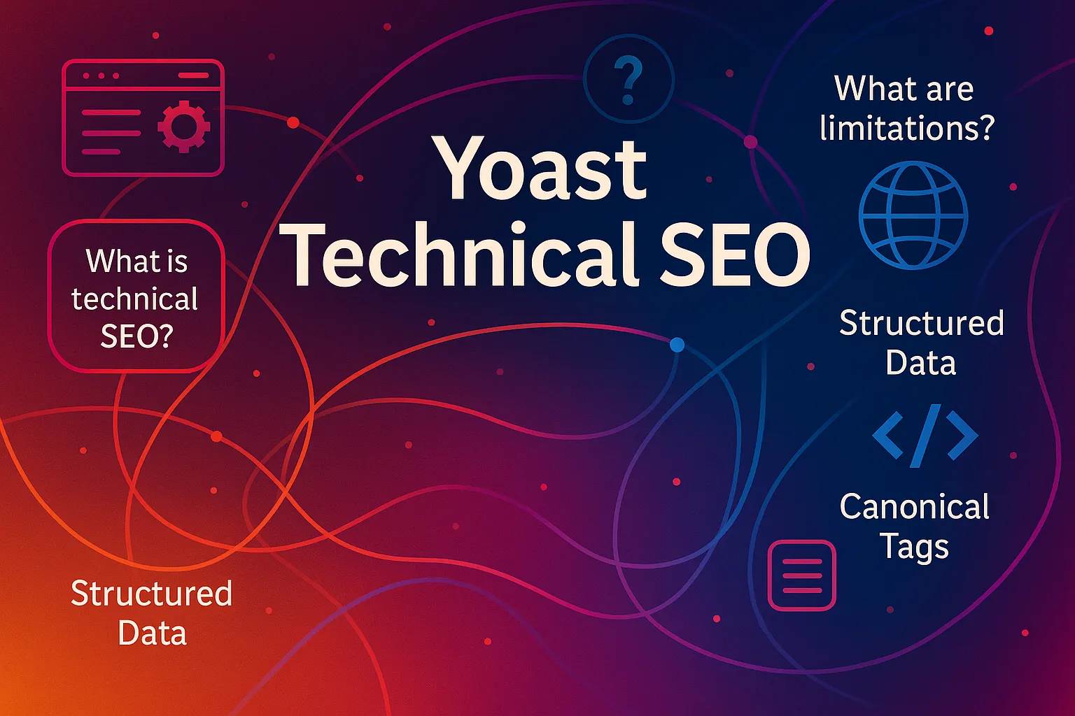 Colorful digital illustration highlighting key Yoast technical SEO concepts like structured data and canonical tags
