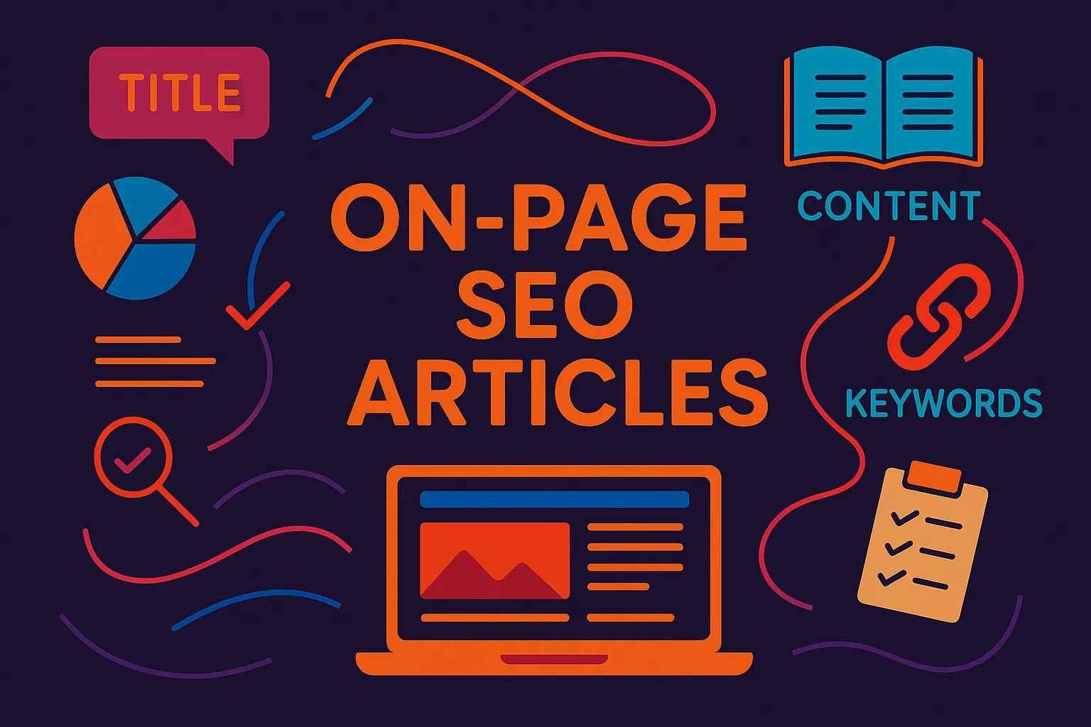 Abstract illustration representing the key elements of on page SEO articles using vibrant digital design