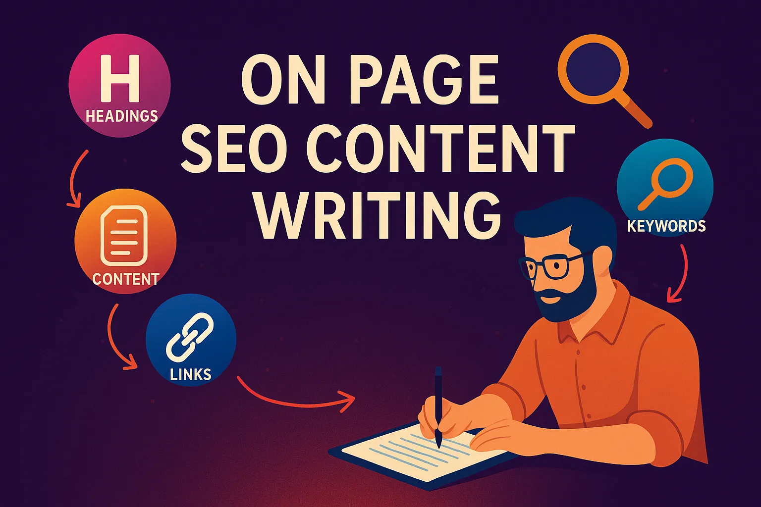 Illustration of a content writer creating on page SEO content writing with labeled elements like keywords, links, headings, and content, using a vibrant color palette.