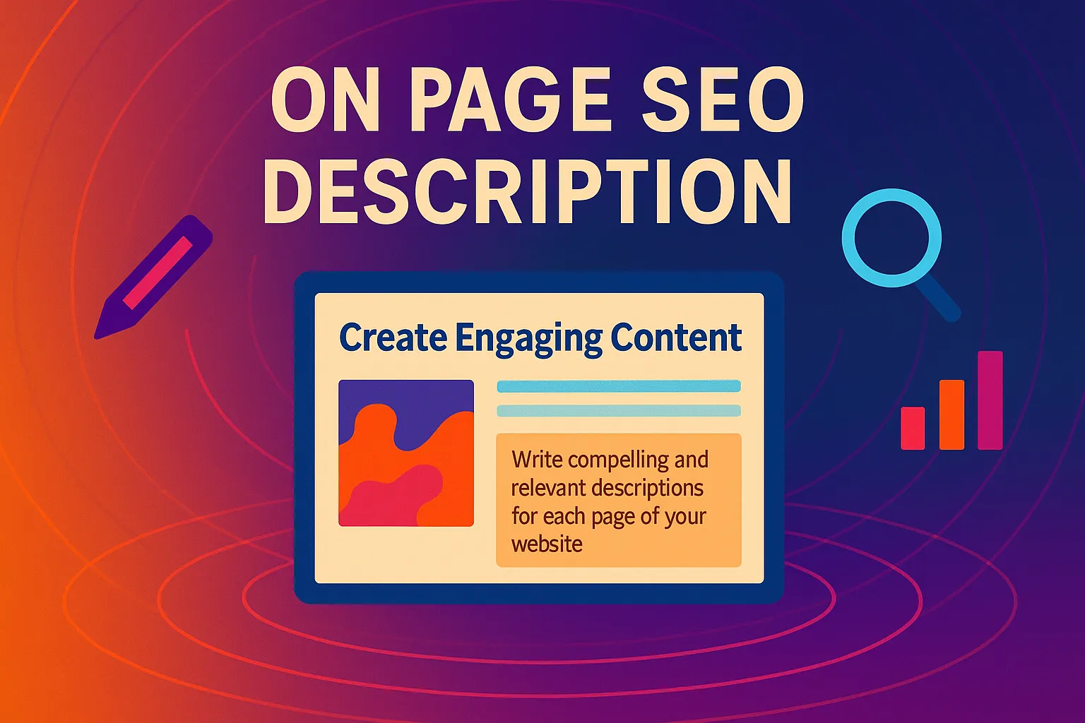 Colorful flat-style illustration showing elements of writing an on page SEO description, including a content preview and SEO icons.