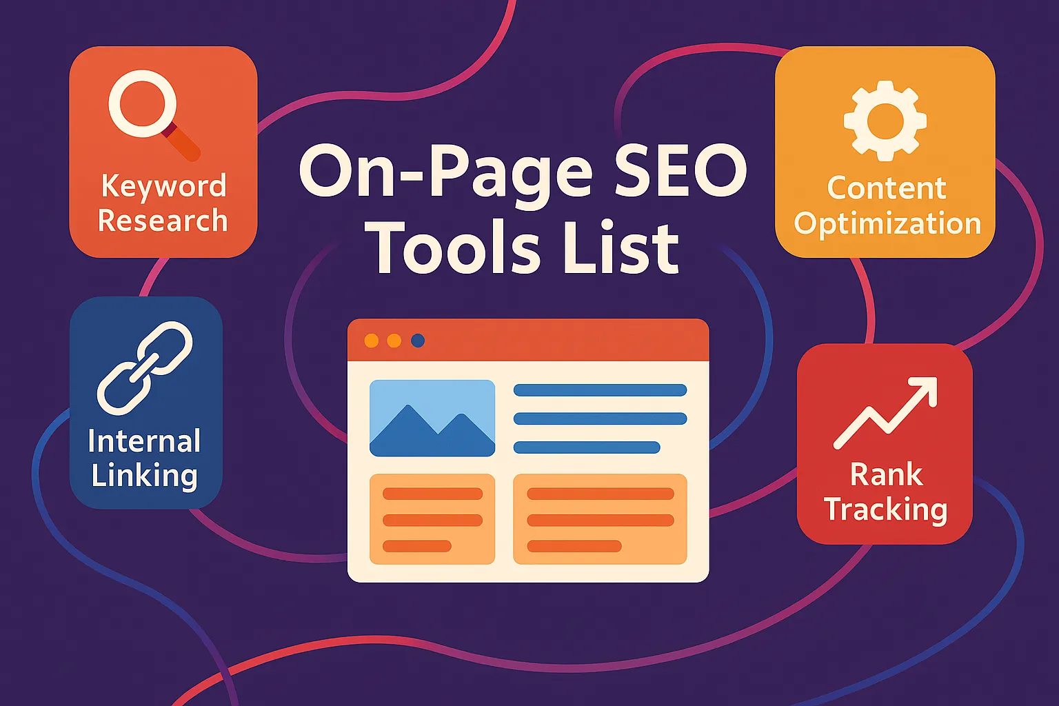 Creative flat-style header image visualizing the on page SEO tools list concept with vibrant abstract design