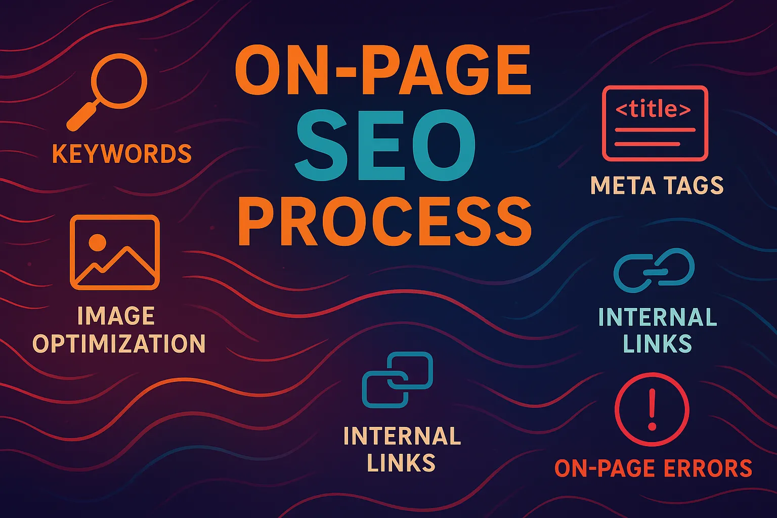 Creative illustration visualizing the on page SEO process with vibrant abstract elements and strategic color flow