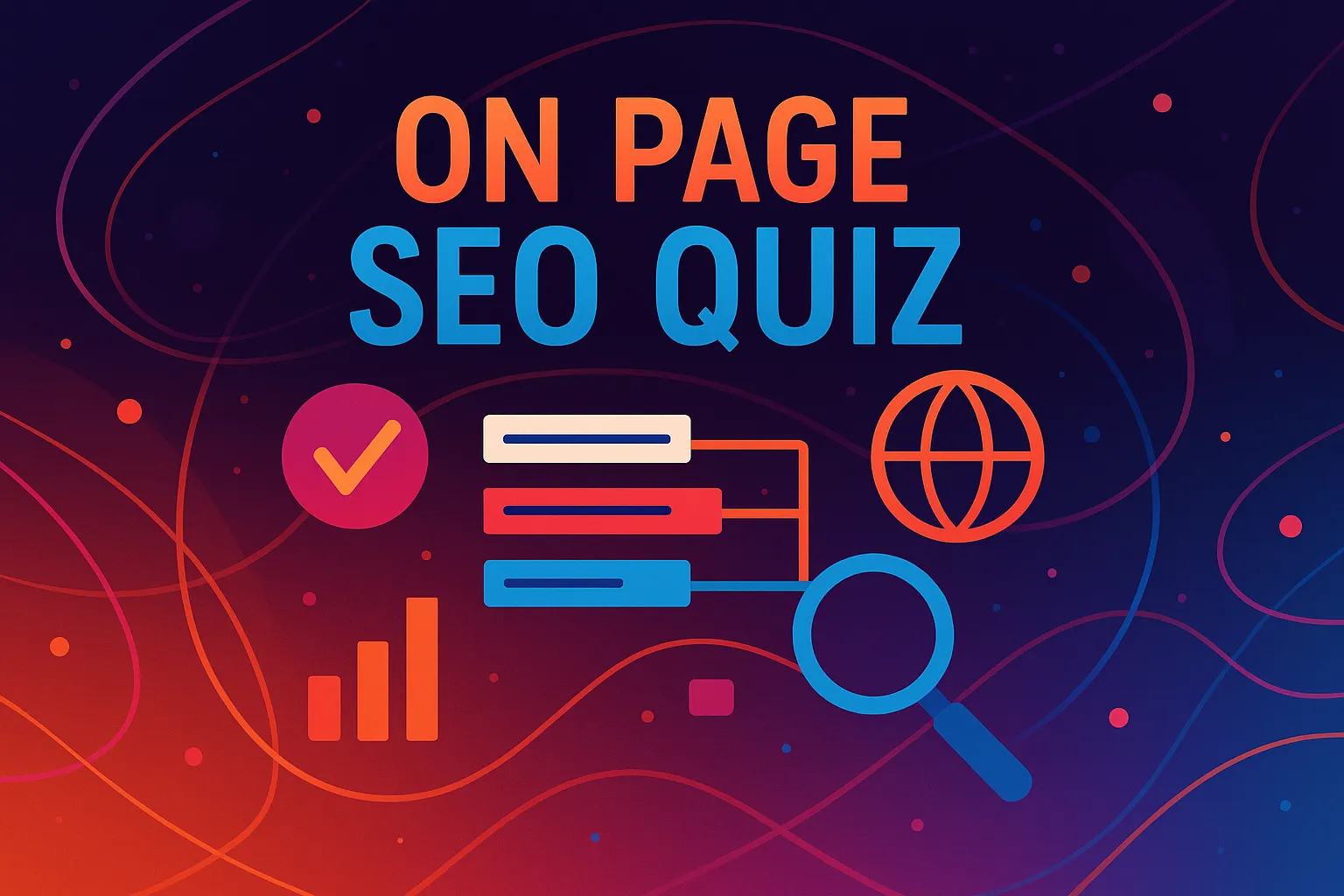 Vibrant abstract header design for on page SEO quiz with icons of charts, checkmarks, and a globe in bold brand colors