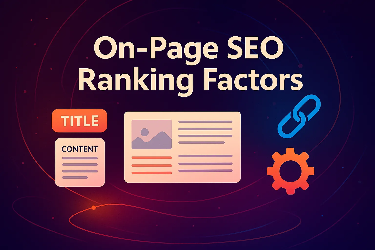 Abstract illustration highlighting on page SEO ranking factors with vibrant color elements and symbolic icons.