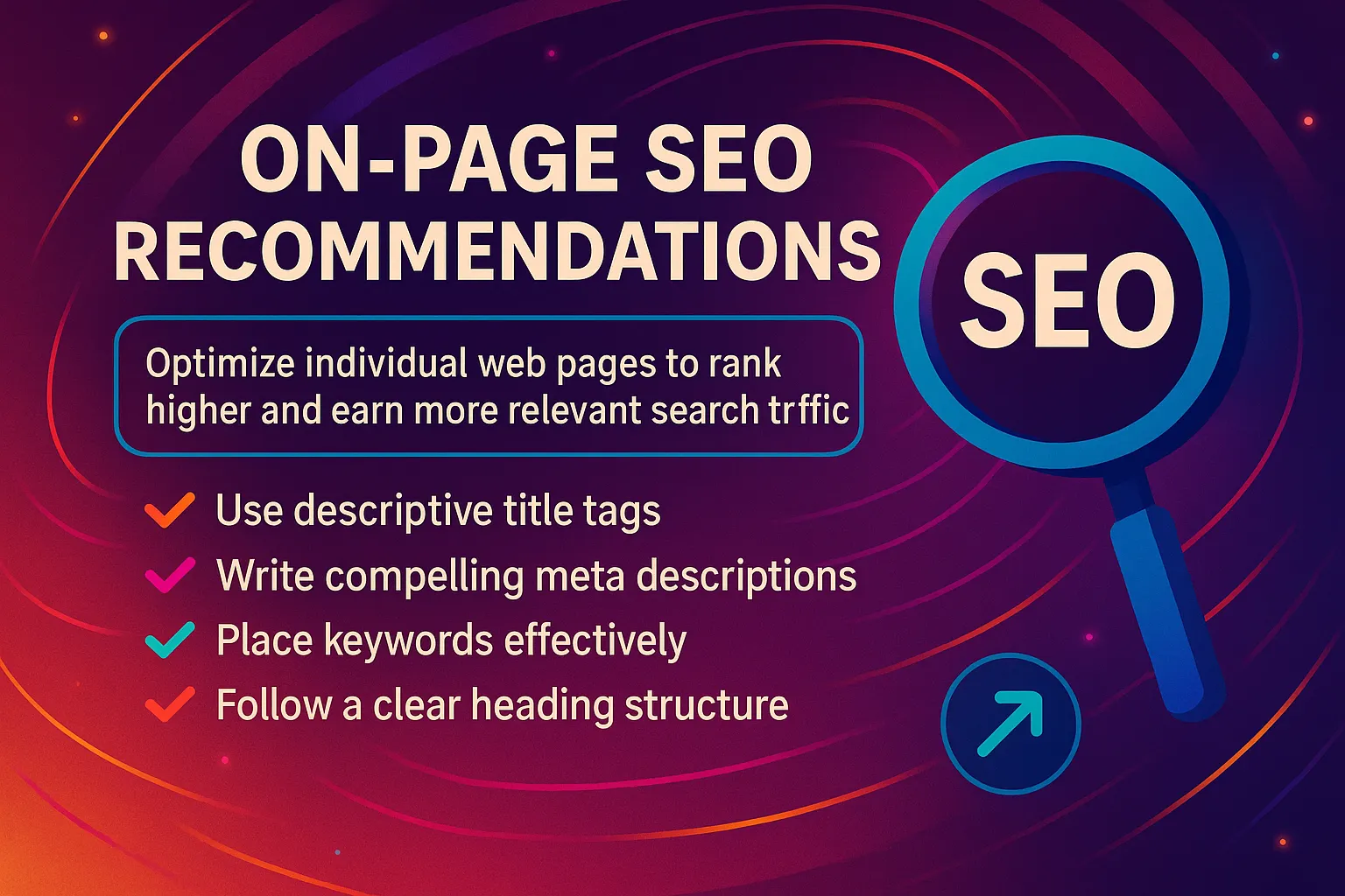 Vibrant abstract illustration highlighting key elements of on page SEO recommendations using bold modern design