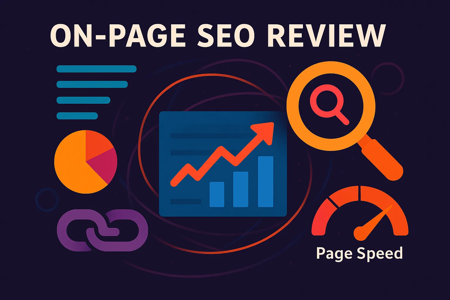 Abstract 2D illustration with vibrant hex color elements representing key concepts of an on page SEO review process