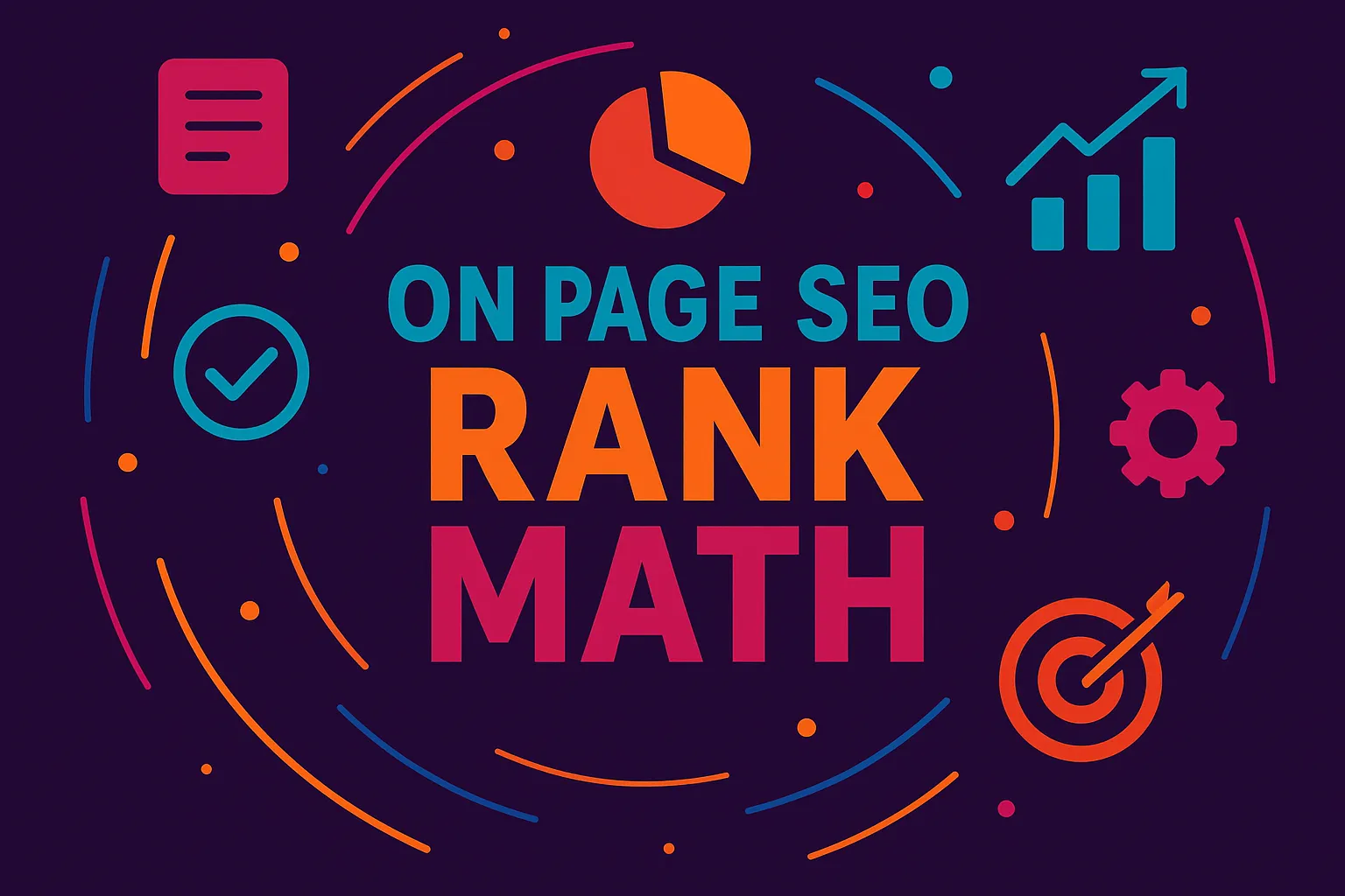 Colorful abstract illustration featuring the phrase "On Page SEO Rank Math" surrounded by SEO icons like graphs, checkmarks, and gears in a vibrant digital theme.