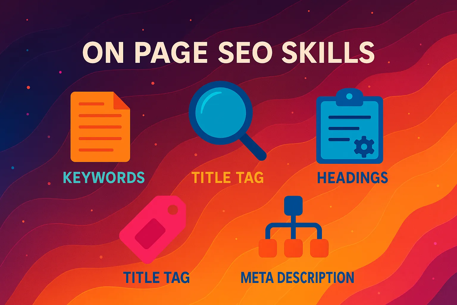 Creative abstract illustration highlighting key on page SEO skills with vibrant color-coded elements and icons.