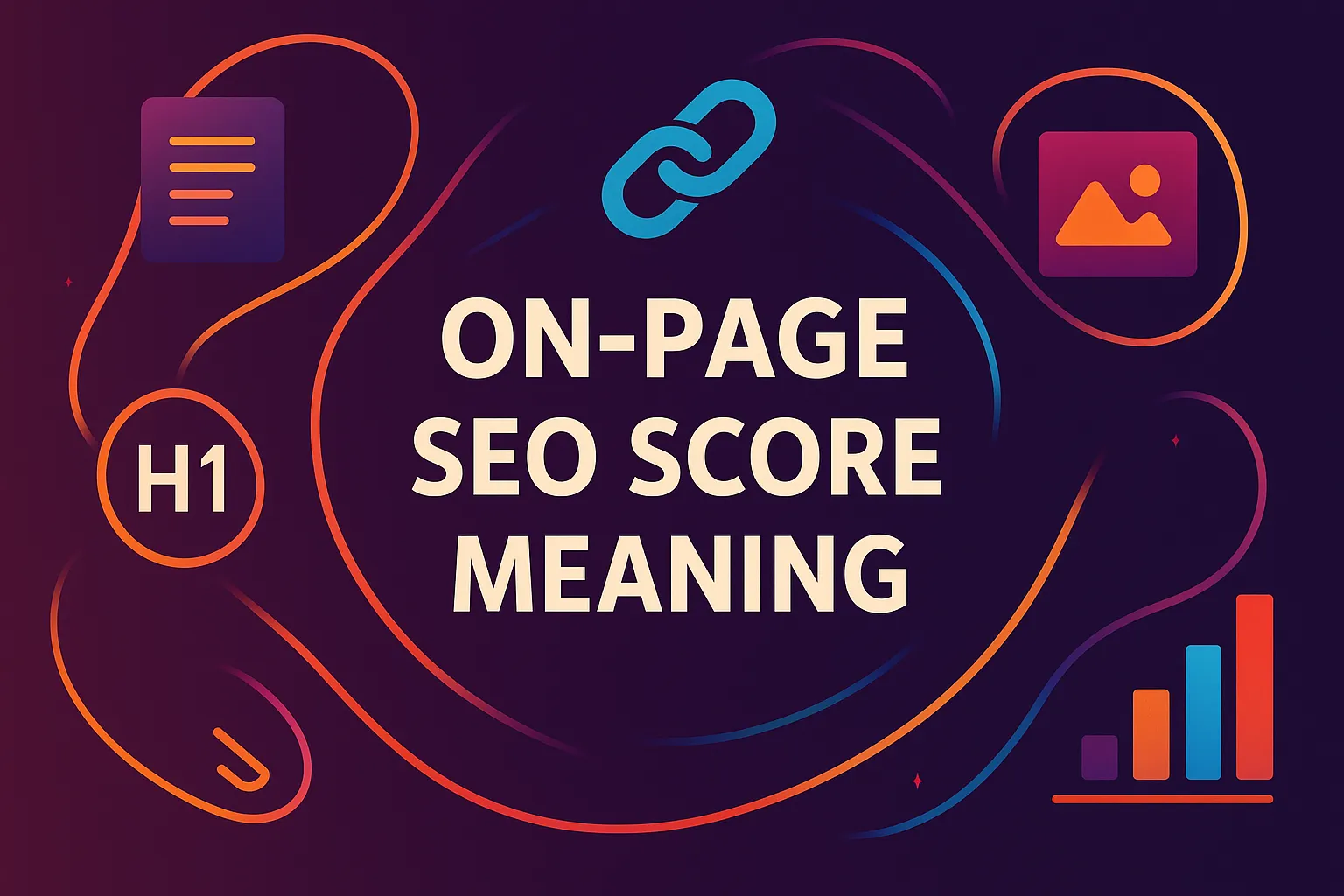 Abstract SEO concept illustration with colorful icons representing on page SEO score meaning on a dark background.