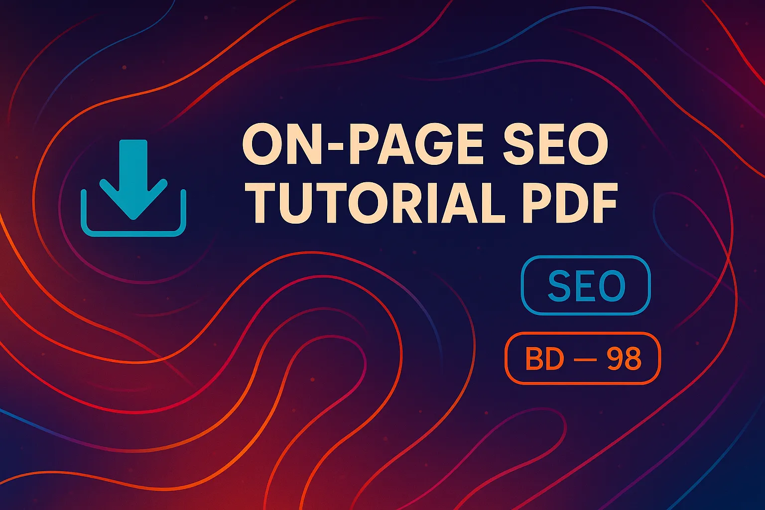 Colorful abstract header design showcasing elements of search engine optimization with text: "On Page SEO Tutorial PDF" in bold lettering.