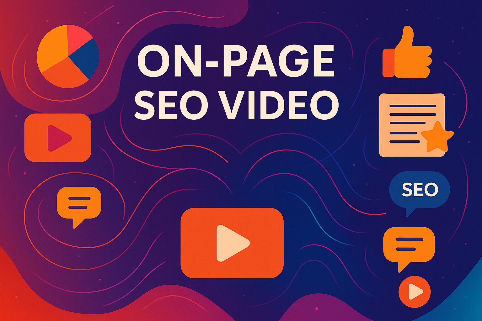 Abstract illustration using vibrant brand colors to represent key elements of on page SEO video optimization without showing a screen.