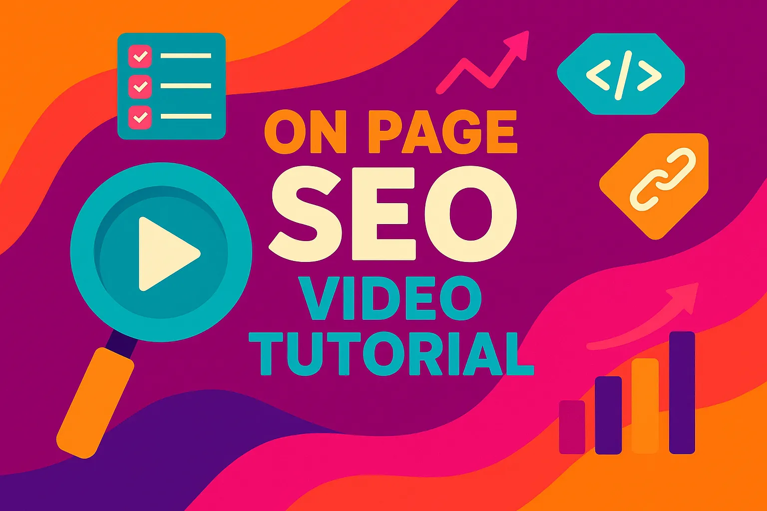 Illustrative banner representing an on page SEO video tutorial with vibrant modern graphics and strategic elements