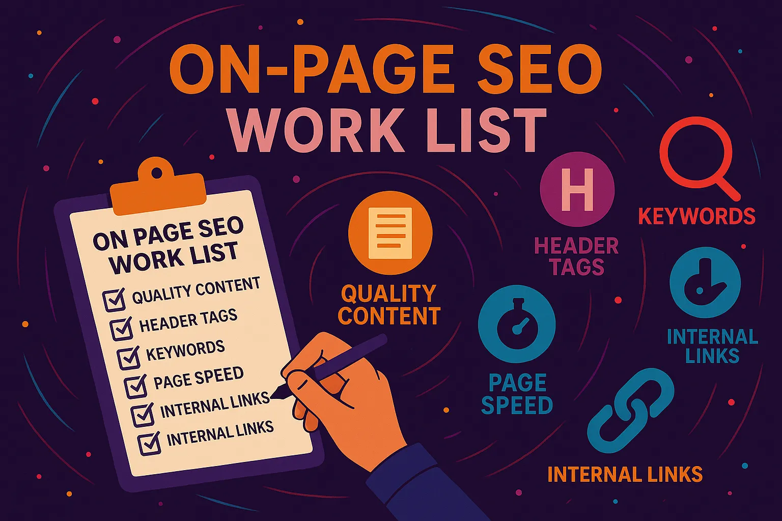 Colorful abstract design representing an on page SEO work list using vibrant SEO-related elements and icons.
