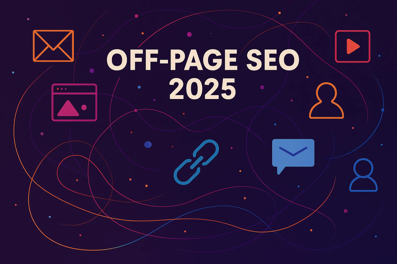 Abstract digital illustration with dynamic shapes and SEO-related icons in bold #E67D39, #D6197C, #25CED1, #3C52AC, #FA2A47, and #6414A4 tones, representing the evolution of off page SEO 2025 without computer screens or planets.