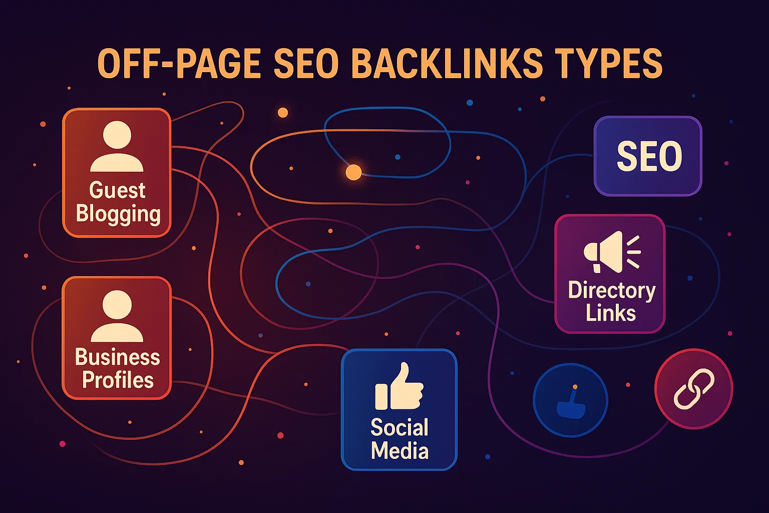 Colorful infographic visualizing various off page SEO backlinks types using vibrant hex color palette for digital marketing