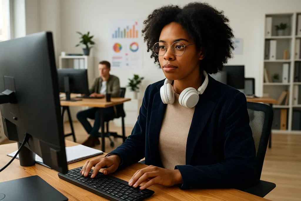 Woman analyzing website data on her laptop as part of an SEO audit free report review.