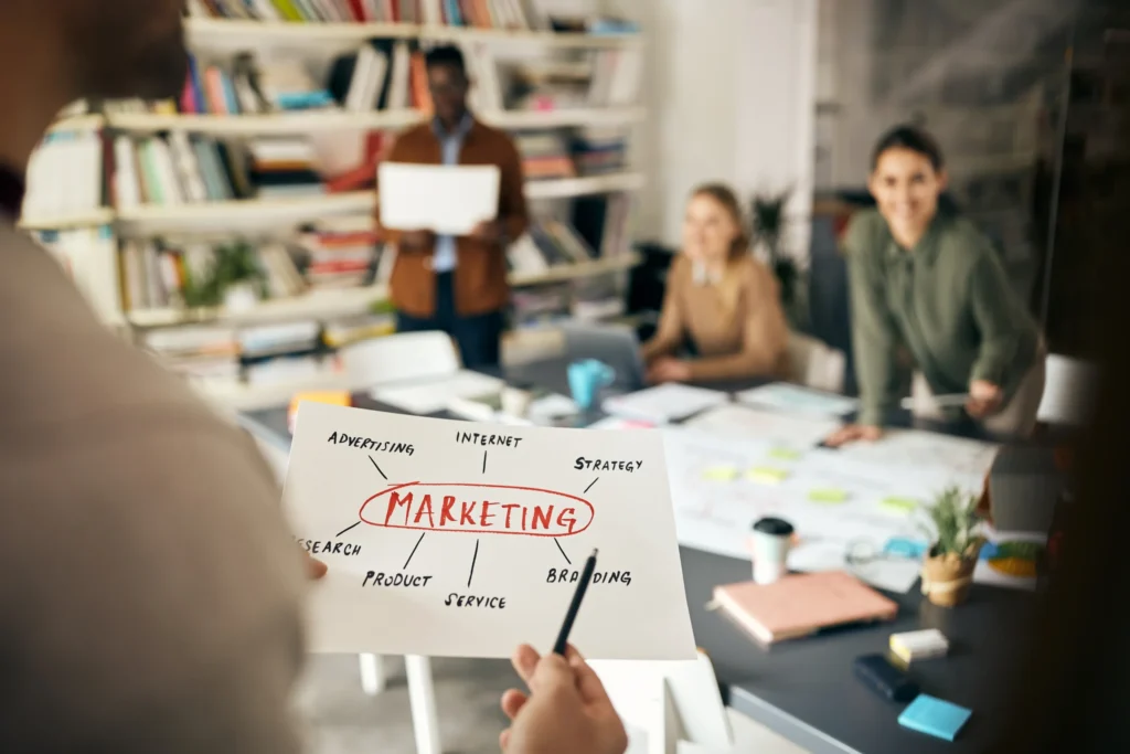Marketing team planning strategy on whiteboard with focus on branding and loss aversion in marketing.