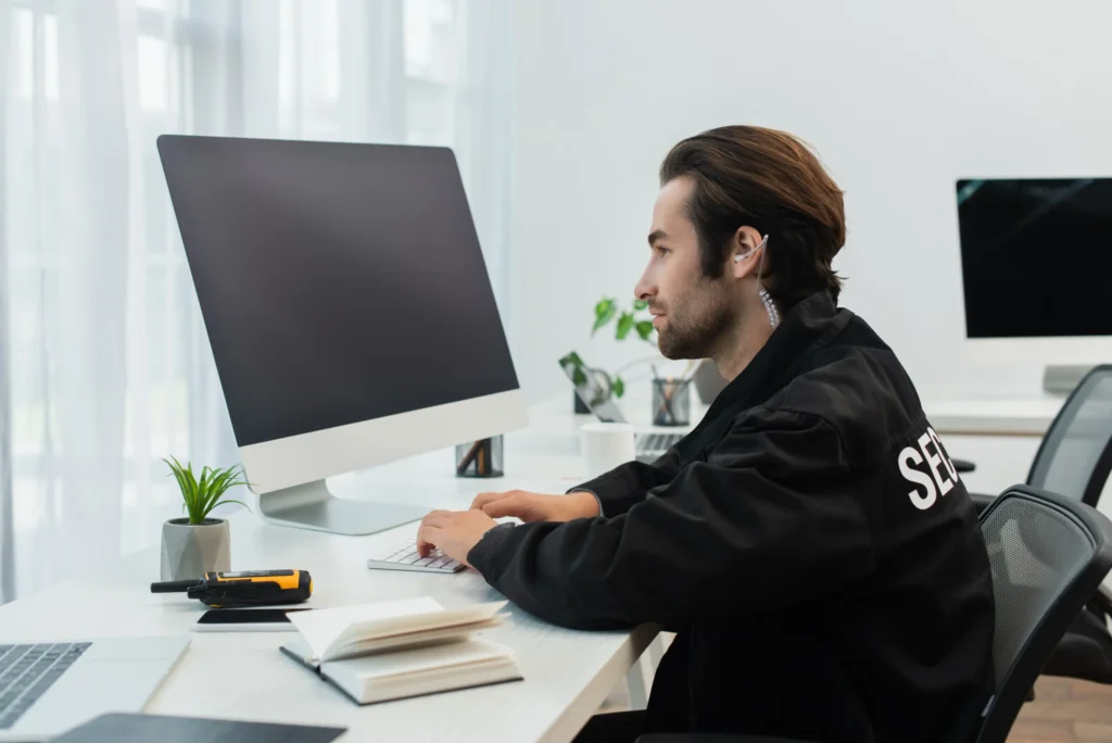 Security professional sitting at desk using computer, representing data monitoring like an SEO audit dashboard in action.