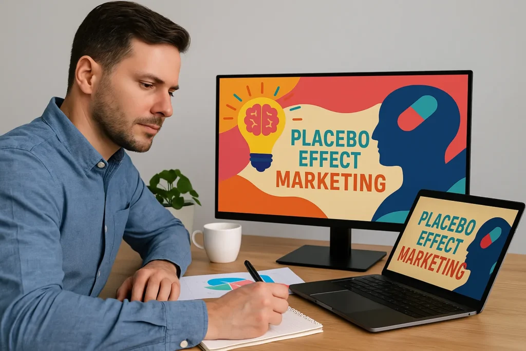 Marketing team shaking hands in a strategy meeting about placebo effect marketing success.