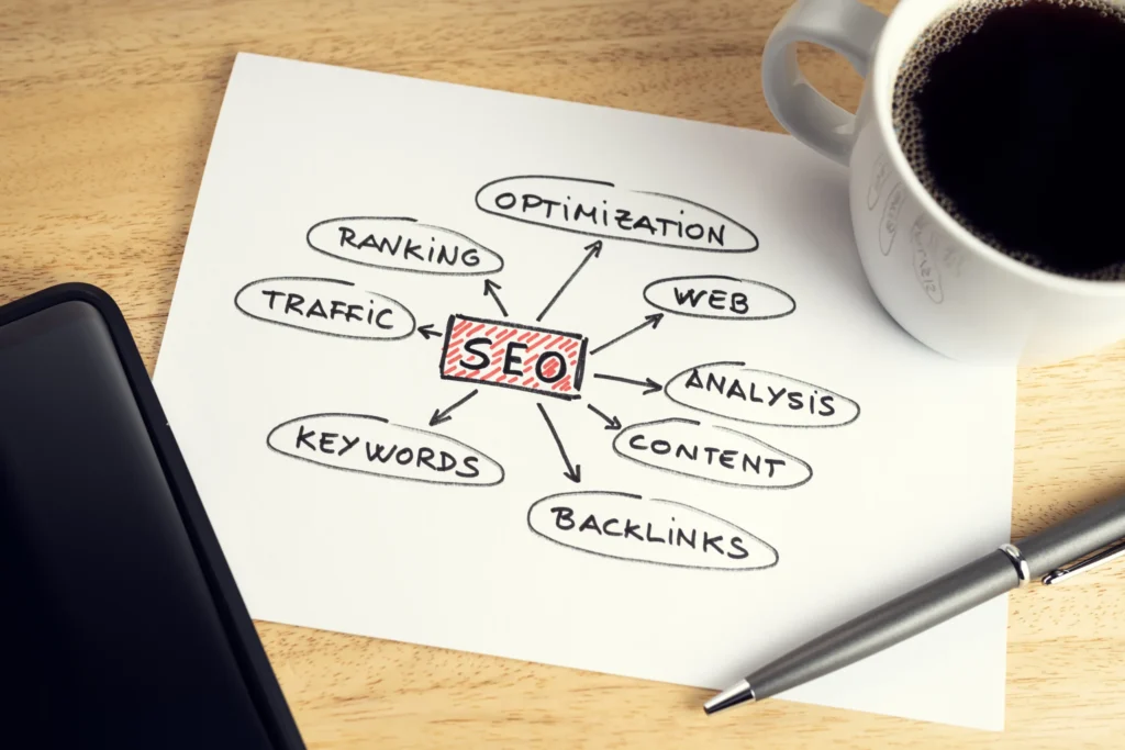 Hand-drawn SEO technical manager strategy chart showing optimization, traffic, and backlink components