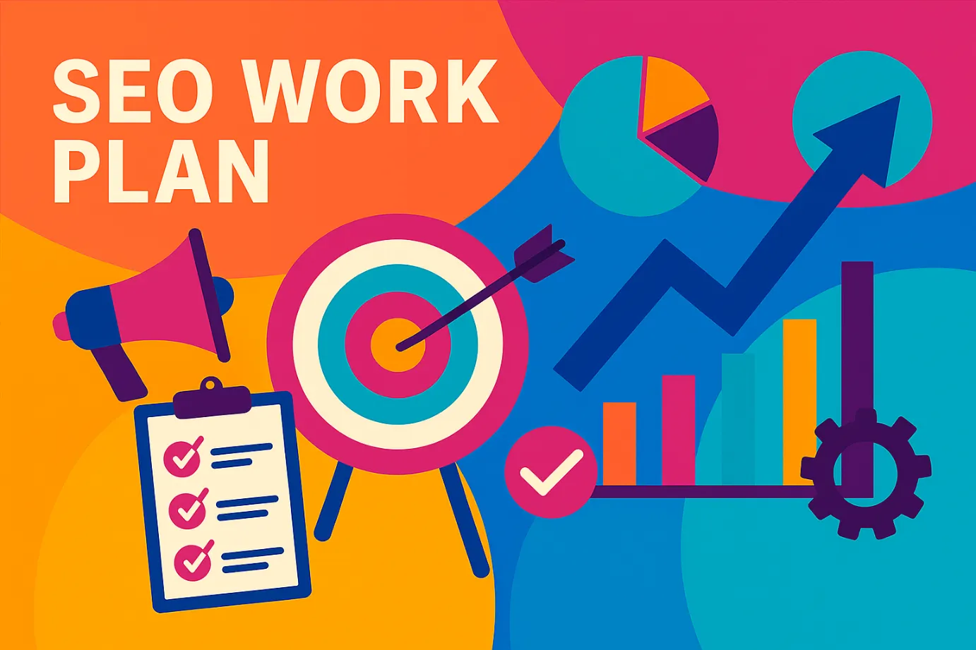 Colorful flat design illustration showcasing key elements of an SEO work plan