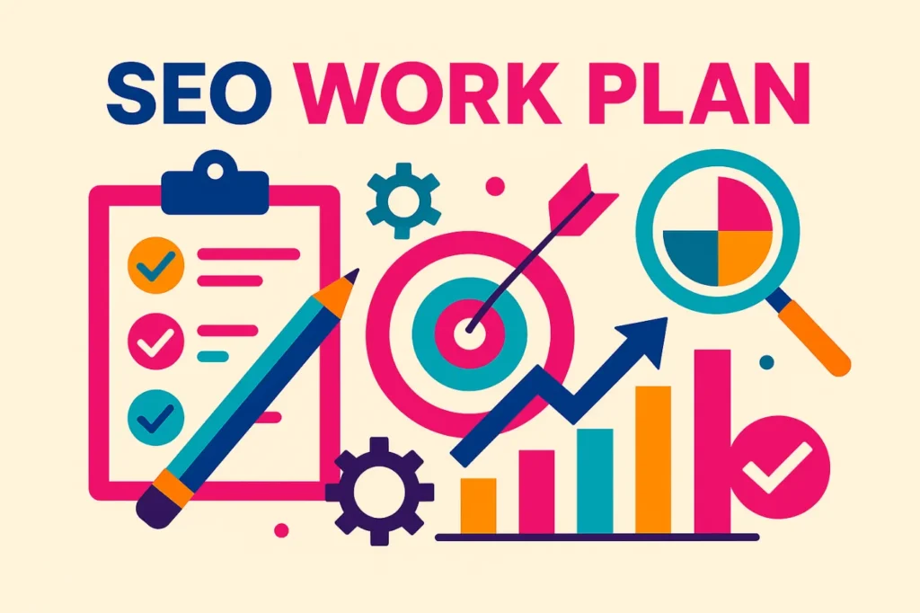 Bright SEO work plan illustration with checklist, targets, and performance data