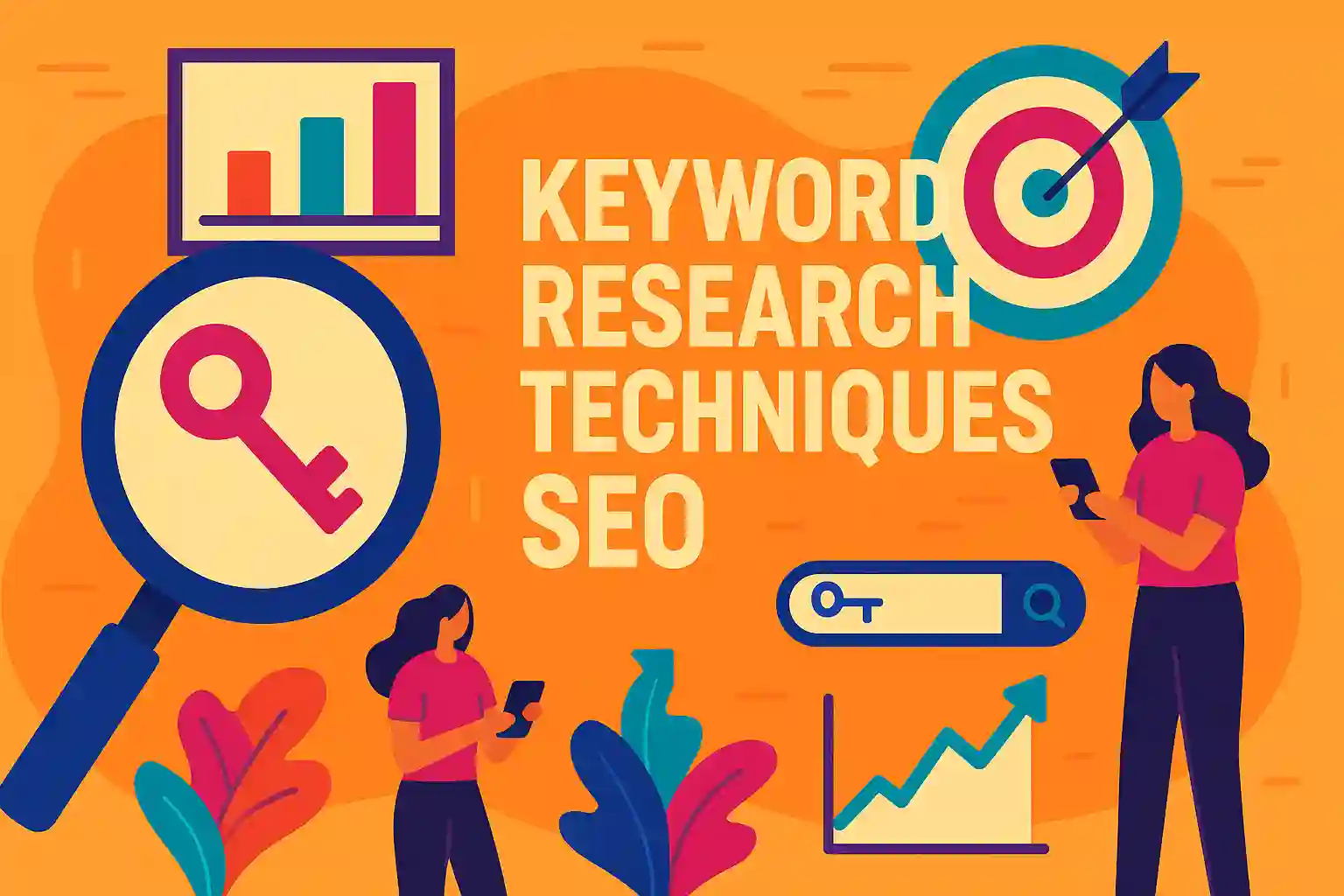 Flat-style illustration showing keyword research techniques SEO with magnifying glass, charts, and digital devices